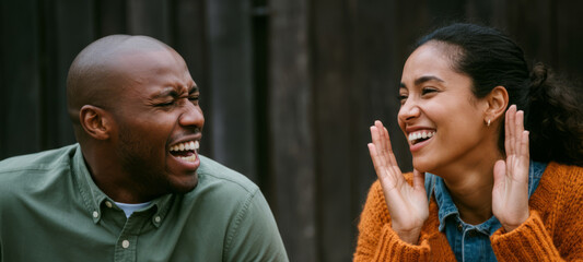 Joyful interaction of young african male and hispanic female laughing together outdoors