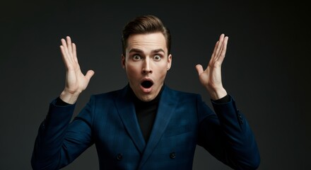 Naklejka premium Shocked young caucasian male in blue suit expressing surprise with hands raised