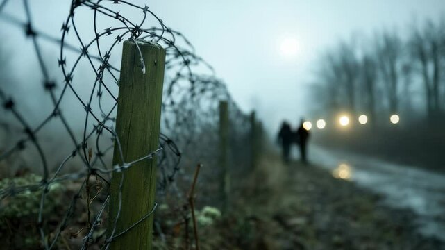 Fence vision: barbed enclosure, limit marker, no-passage trace, migration edge, restriction field, exile sign, perimeter tension, crossing alert, asylum warning, expulsion barrier, border threat.
