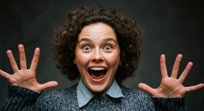 Caucasian female adult expressing surprise with curly hair