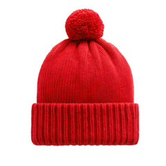 Close up view of a knitted bright red beanie hat with a pom pom on top center