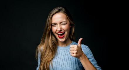 Fototapeta premium Young caucasian female winking and giving thumbs up gesture