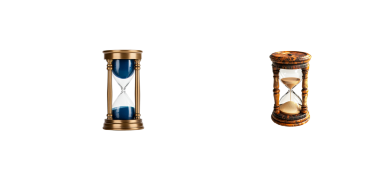Two hourglasses with different contents on black background, cut out transparent