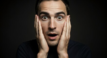 Fototapeta premium Surprised young caucasian male with hands on face in dark background