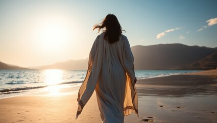 Jesus christ walking on beach at sunrise bible imagery christian faith religious concept