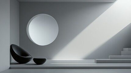 Modern Minimalist Interior Design: A Black Chair and Ottoman in a White Room with a Circular Window and Sunlit Shadow