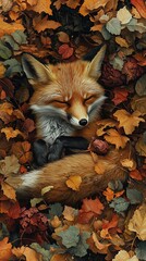 Fototapeta premium Sleeping fox curled up among colorful autumn leaves, serene moment
