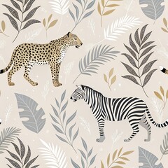 "Seamless leopard and zebra mix pattern with modern twist, neutral tones, ideal for fashion fabric"
