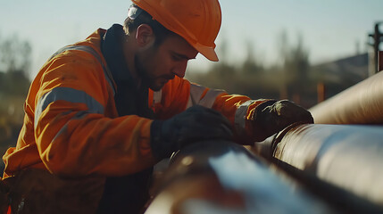 Pipeline technician inspecting and repairing pipeline leaks in the field. Featuring leak inspection