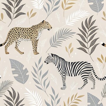 "Seamless leopard and zebra mix pattern with modern twist, neutral tones, ideal for fashion fabric"
