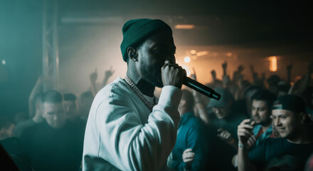 African male rapper performing live at energetic concert with enthusiastic crowd