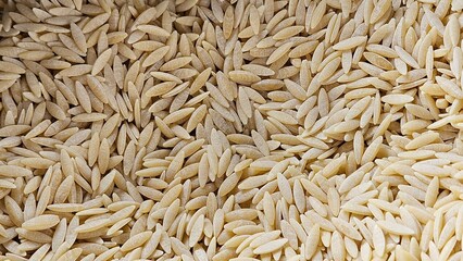 Close up of raw, uncooked orzo pasta. Grainy texture and unique, rice like shape. Healthy food lifestyle, home cooking, culinary, Mediterranean cuisine concept.