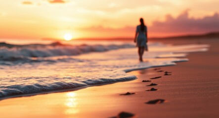 Fototapeta premium Woman walking on beach at sunset footprints in sand summer vacation travel destination