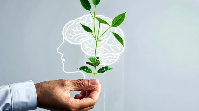 Hand nurturing growth, brain concept, grey background, idea