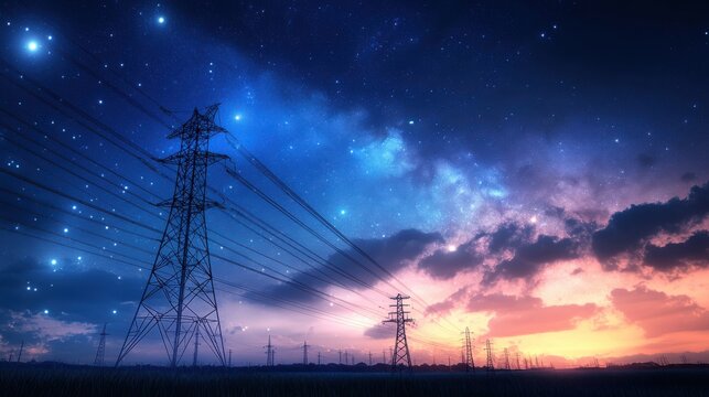 Electricity transmission towers and infrastructure network, digital visualization of power lines with renewable energy supply against starry sky.