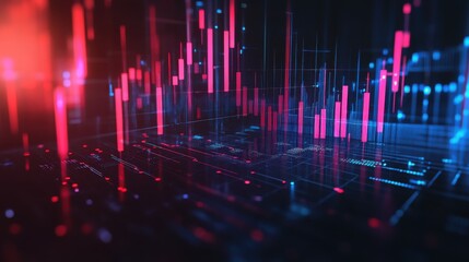 Elegant abstract visualization of financial data trends with red and blue candlestick charts on a dark canvas : Generative AI.