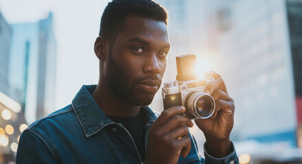 Young african male photographer with vintage camera in urban setting