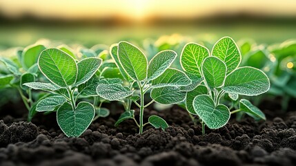 Naklejka premium Young Soybeans Sprouting in a Field at Sunrise