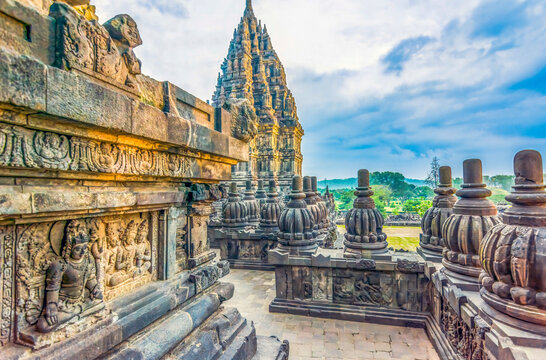 Java, Indonesia. Temple section in Candi Prambanan Temple Complex, a UNESCO Site.