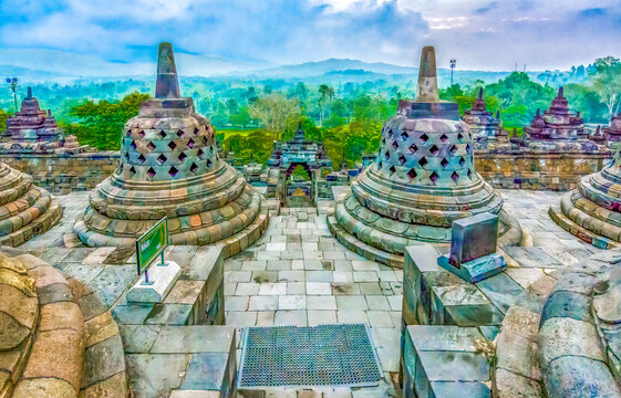 Java, Indonesia. 8th century Borobudur Temple, the largest Buddhist Temple in the world.