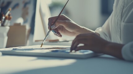 Artist painting on a canvas in a bright studio. Featuring oil painting and artistic expression