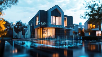 Elegant home on urban landscape with financial growth graphics and visual representation of real estate trends : Generative AI.