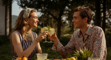 Young caucasian couple enjoying outdoor garden party with refreshing drinks