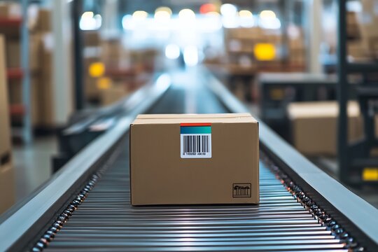 Cardboard Box on Conveyor Belt in Warehouse