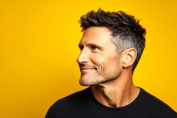 Fototapeta premium Chic men's low fade haircut - midlife white man with black hair. Idea art of style for aging men. Yellow solid background. A joyful male captured in a professional portrait.