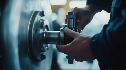 Pipeline worker checking structural integrity of a pipeline valve on an oil rig. Featuring valve check