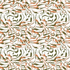 Seamless abstract geometric pattern. Background in green, orange, white. Illustration. Lines, meanders. Design for textile fabrics, wrapping paper, background, wallpaper, cover.