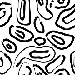 Seamless abstract geometric pattern. Simple background with black, white. Digital brush strokes. Lines, ovals, circles. Design for textile fabrics, wrapping paper, background, wallpaper, cover.