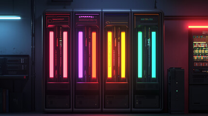Futuristic server room with neon-lit data towers in red, purple, orange, and teal, in a sci-fi inspired high-tech environment.