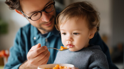 Father feeding toddler in a bright kitchen filled with warmth and love