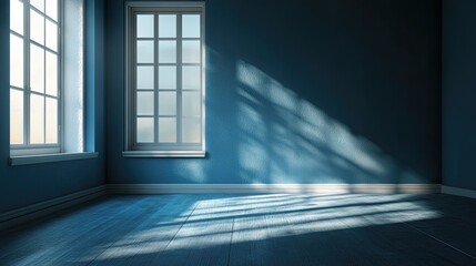 Obraz premium Sunlit Empty Room with Blue Walls and Carpet