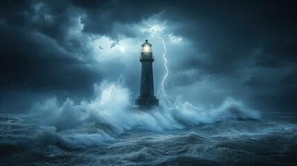 Lighthouse Stands Firm Against Severe Thunderstorm, Winds, and Lightning Over Turbulent Ocean Waters