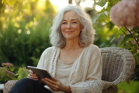 A smiling senior woman sits outdoors in a garden, using a tablet.
