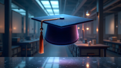 A neutronium graduation cap warps light anti-gravitationally, its tassel a string of quantum equations. Ultra-HD cosmic scene.