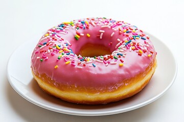 Pink frosted donut with sprinkles on white background