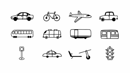 Transportation Icons: Line style icons for car, bus, bike, train, airplane, tram, taxi, fuel station, map, GPS, parking, electric vehicle, road sign, traffic light, and more. Editable stroke reiated t