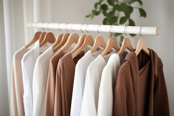 Wooden hangers with clothes on the rail in the store with clothing for sale. Flea market, second hand, discount, exchange, donation