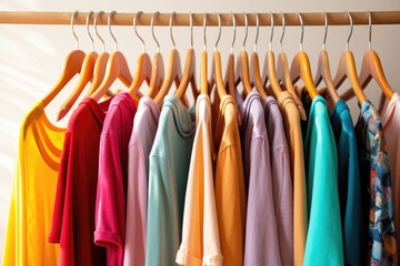 Wooden hangers with clothes on the rail in the store with women's clothing for sale. Shirt, dress, jacket, blouse. Flea market, second hand, discount, exchange, donation