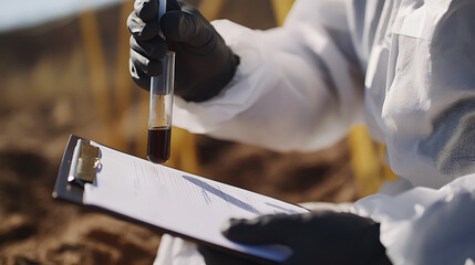 Shale oil field worker taking fluid samples for testing. Featuring precision and field analysis