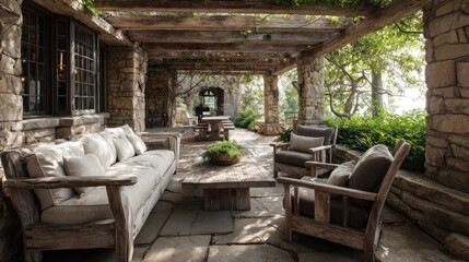 Fototapeta premium Rustic outdoor patio with stone flooring, wooden pergola, and comfortable, weathered seating.