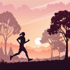 Dynamic Silhouette of Runner in Scenic Sunset Landscape