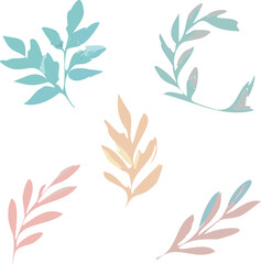 A collection of hand-painted pastel botanical leaves in soft watercolor style. Ideal for wedding designs, branding, and packaging