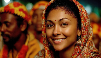 Fototapeta premium Portrait of smiling woman with bindi and traditional attire during a cultural celebration - Generated with AI