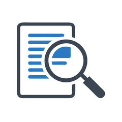 Magnifying glass search icon over documents, symbolizing analysis, research, and information discovery.