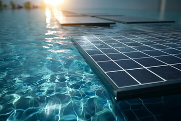 Obraz premium Solar panels floating on water surface reflecting sunlight in a pool with blue water view