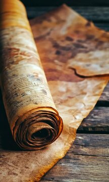 A vintage scroll of aged parchment resting on a weathered wooden surface, evoking history